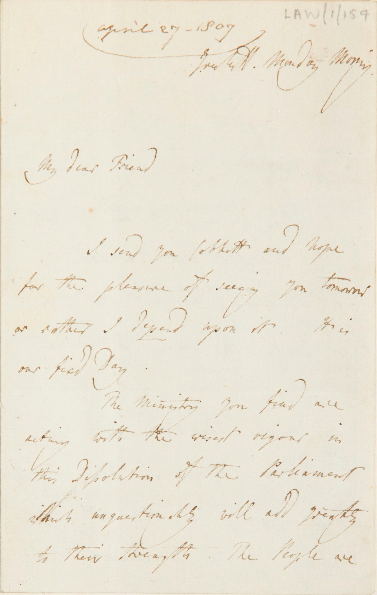 , Thomas Lawrence, to Joseph Farington, Charlotte Street