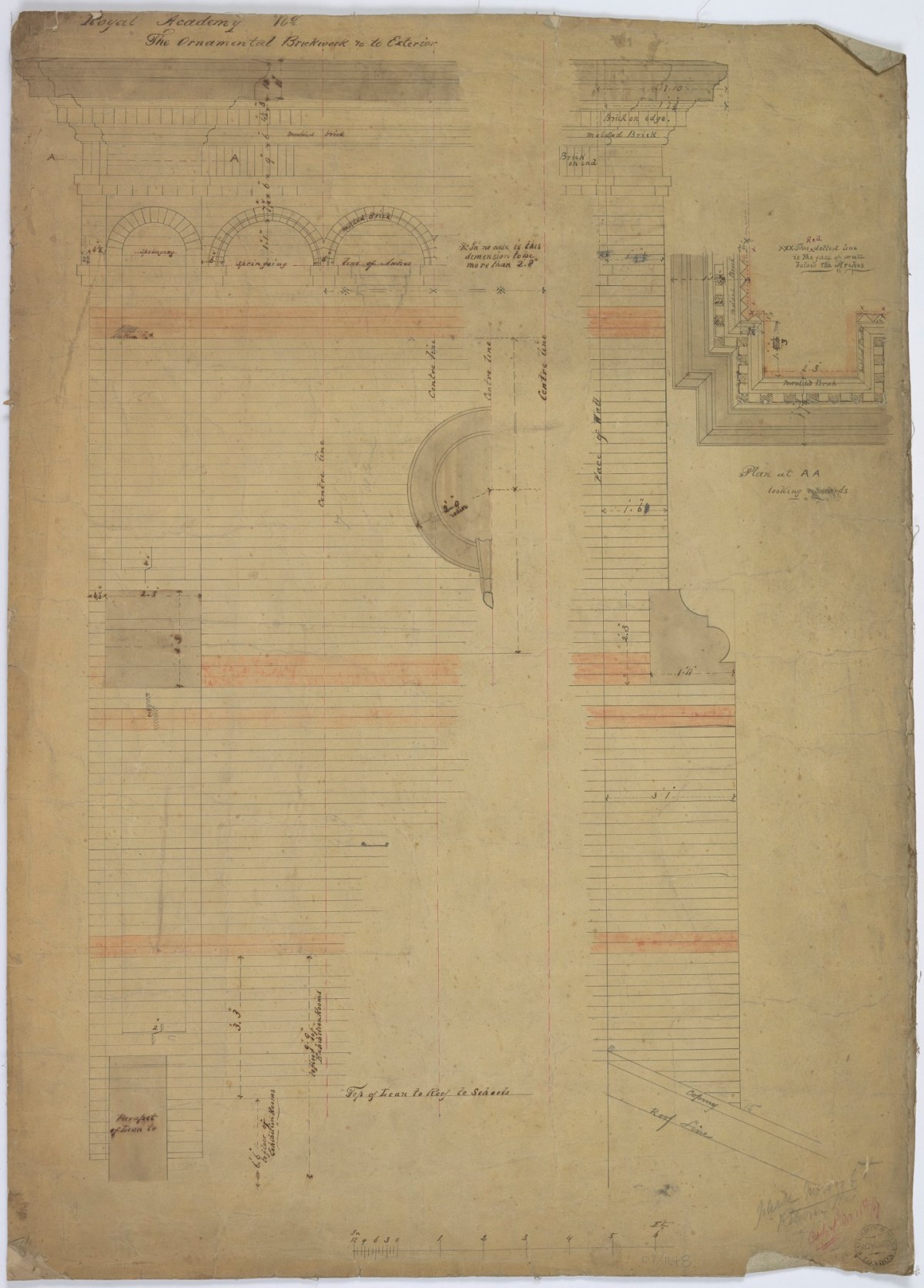 Sydney Smirke RA, Design for Royal Academy Main Exhibition Galleries and Schools building, Burlington House, Piccadilly, Westminster, London: part-plan, part-elevation and detail of ornamental brickwork and roundel to exterior, drawing no. 39