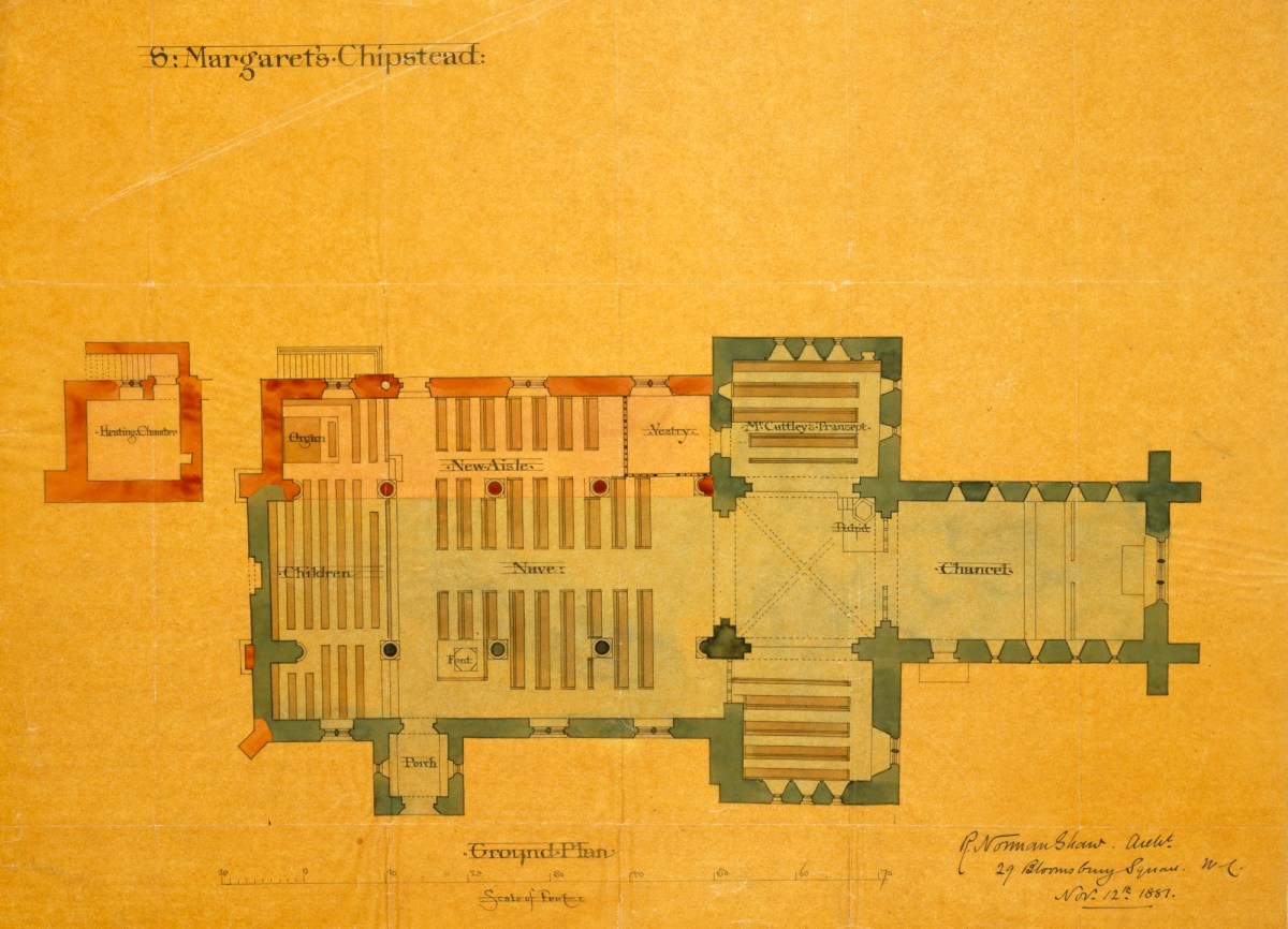 Richard Norman Shaw RA, Design for new North aisle, St Margaret's Church, Chipstead, Surrey: ground plan showing proposed alterations in red