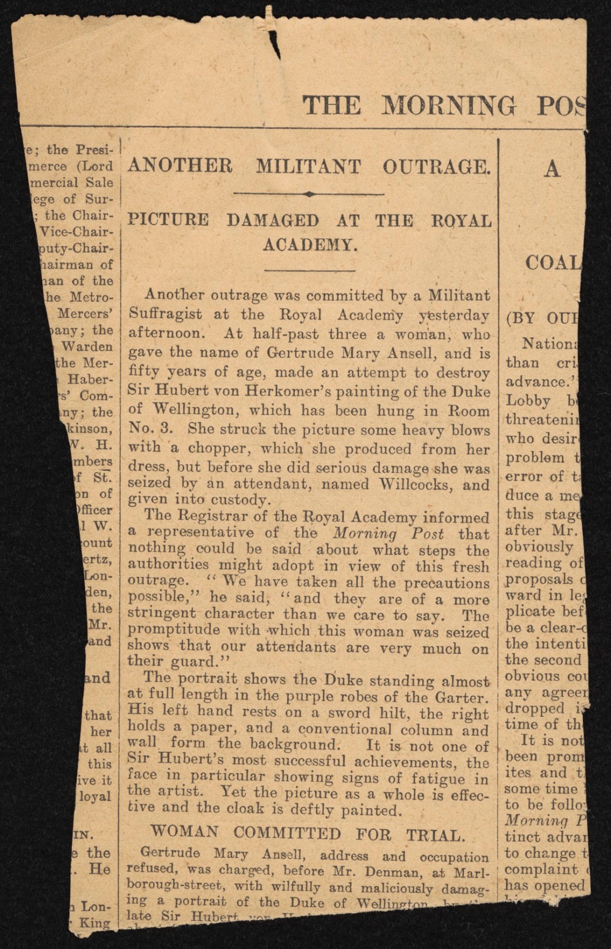 , Coverage resulting from a suffragette action
