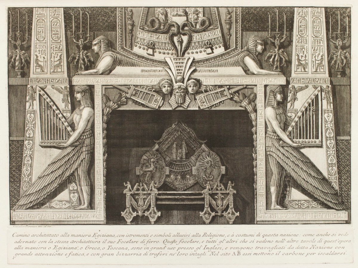 Giovanni Battista Piranesi, Design for a chimneypiece with Egyptian figures playing a harp-style instrument, hieroglyphs and sphinxes