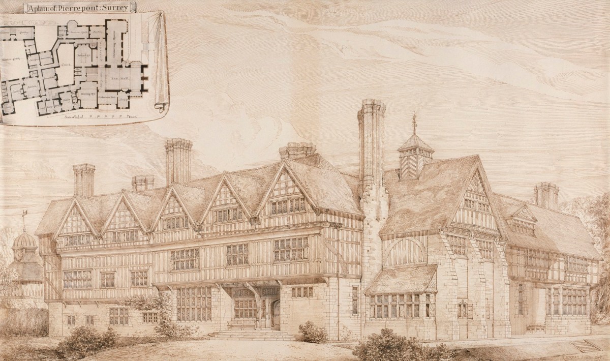 Richard Norman Shaw RA, Design for Pierrepont, Frensham, Surrey: perspective of entrance front (and inset ground-floor plan)