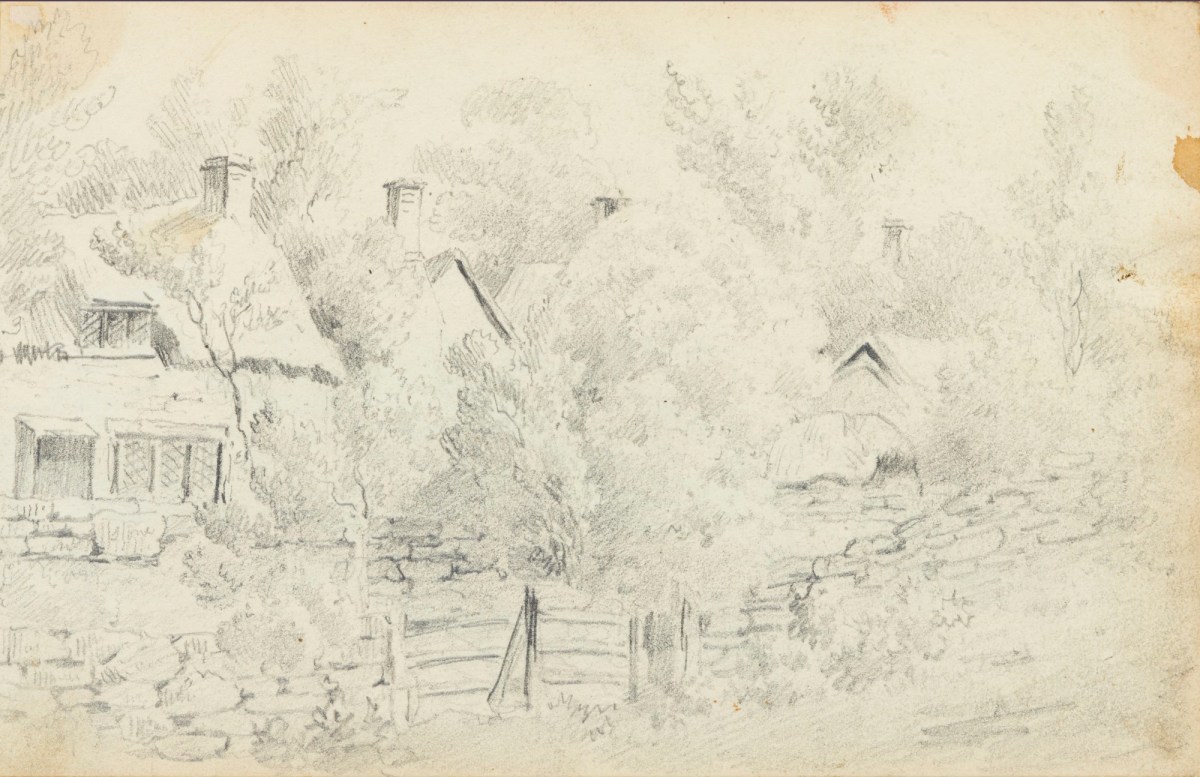 Philip Reinagle RA, Sketch of thatched roofed houses amongst trees