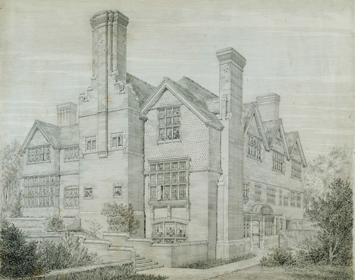 Richard Norman Shaw RA, Design for Frognal Priory, Frognal, Hampstead, London NW3: perspective of entrance and garden fronts