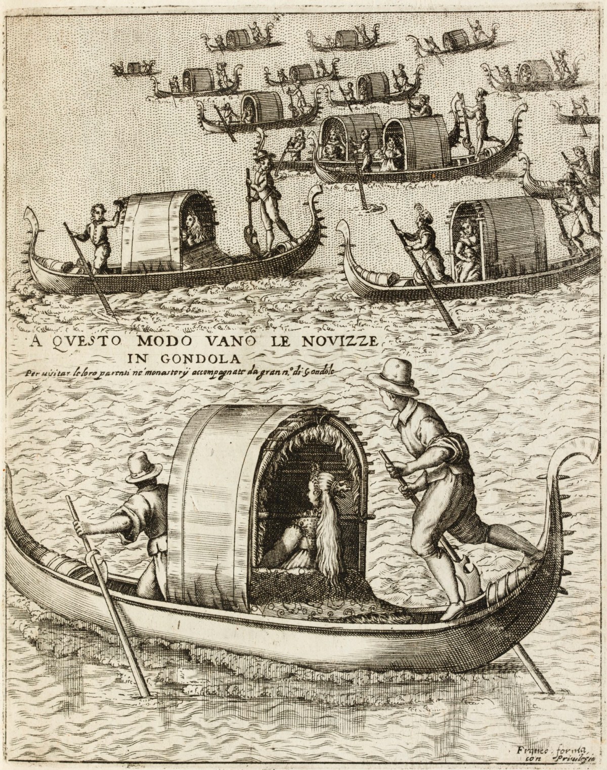Unsigned, Young women being carried in gondolas, each with two men rowing.