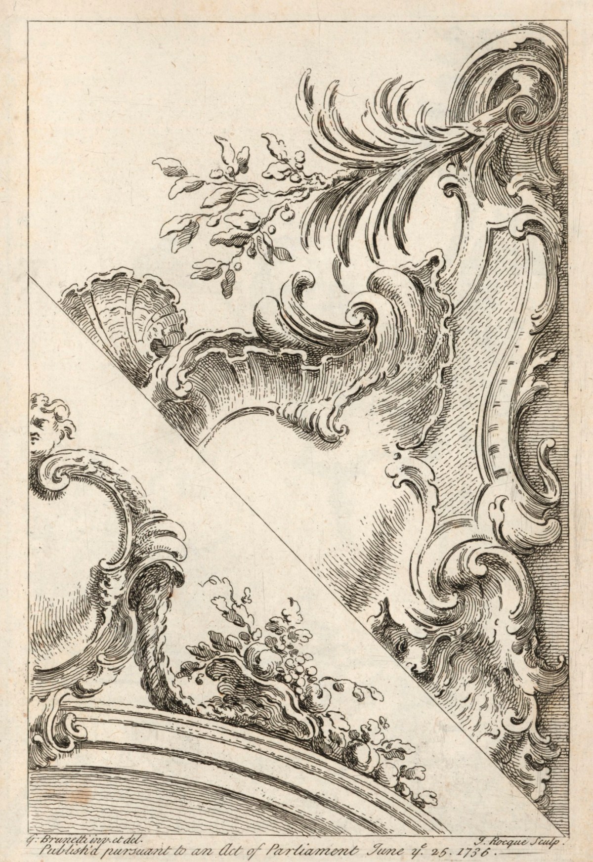 Gaetano Brunetti, Rocaille hanging cartouche and ornament for a round-headed frame