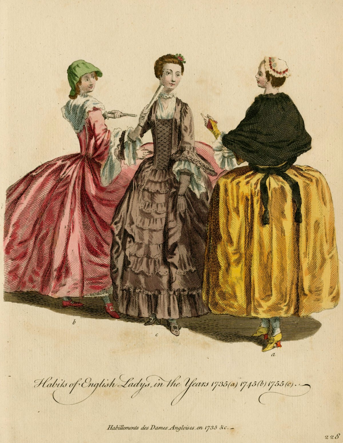 Unknown artist, Habits of English ladies in the years 1735 (a), 1745 (b) and 1755 (c)