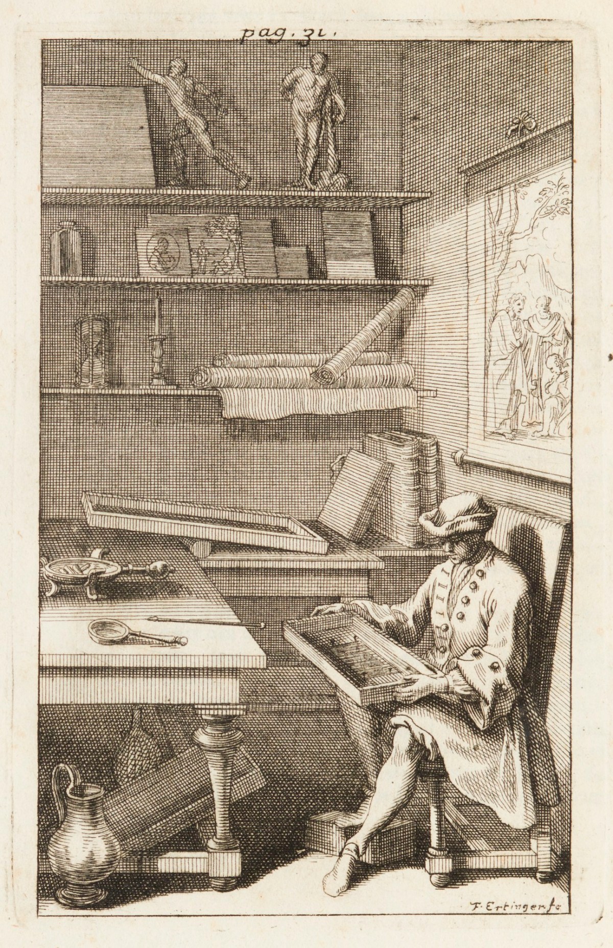 Pierre Émery, An artist in his studio, surrounded by books, engraved plates, sculptures and prints, using an etching bath.