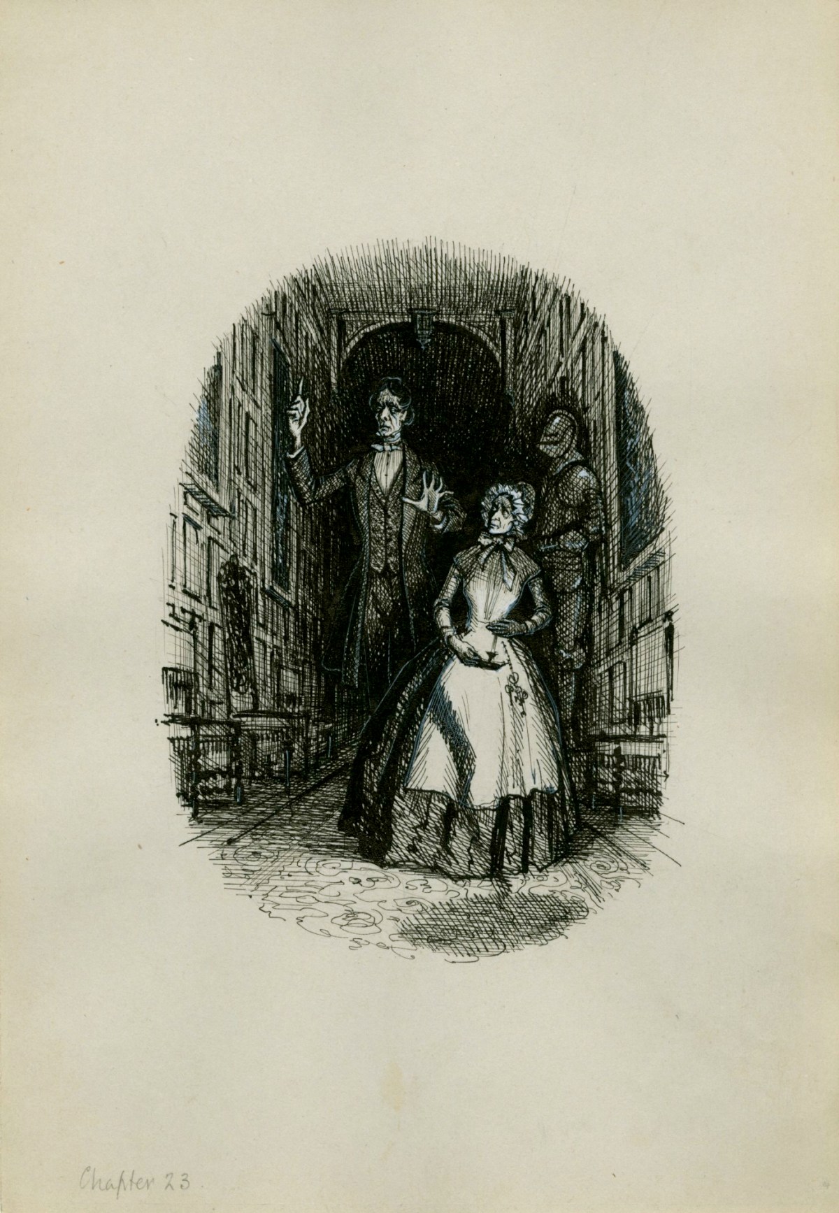 Charles W. Stewart, 'This lean figure sheathed in shining black cloth, whose eyes glittered with a horrible sort of cunning', illustration for Chapter 23 of Uncle Silas