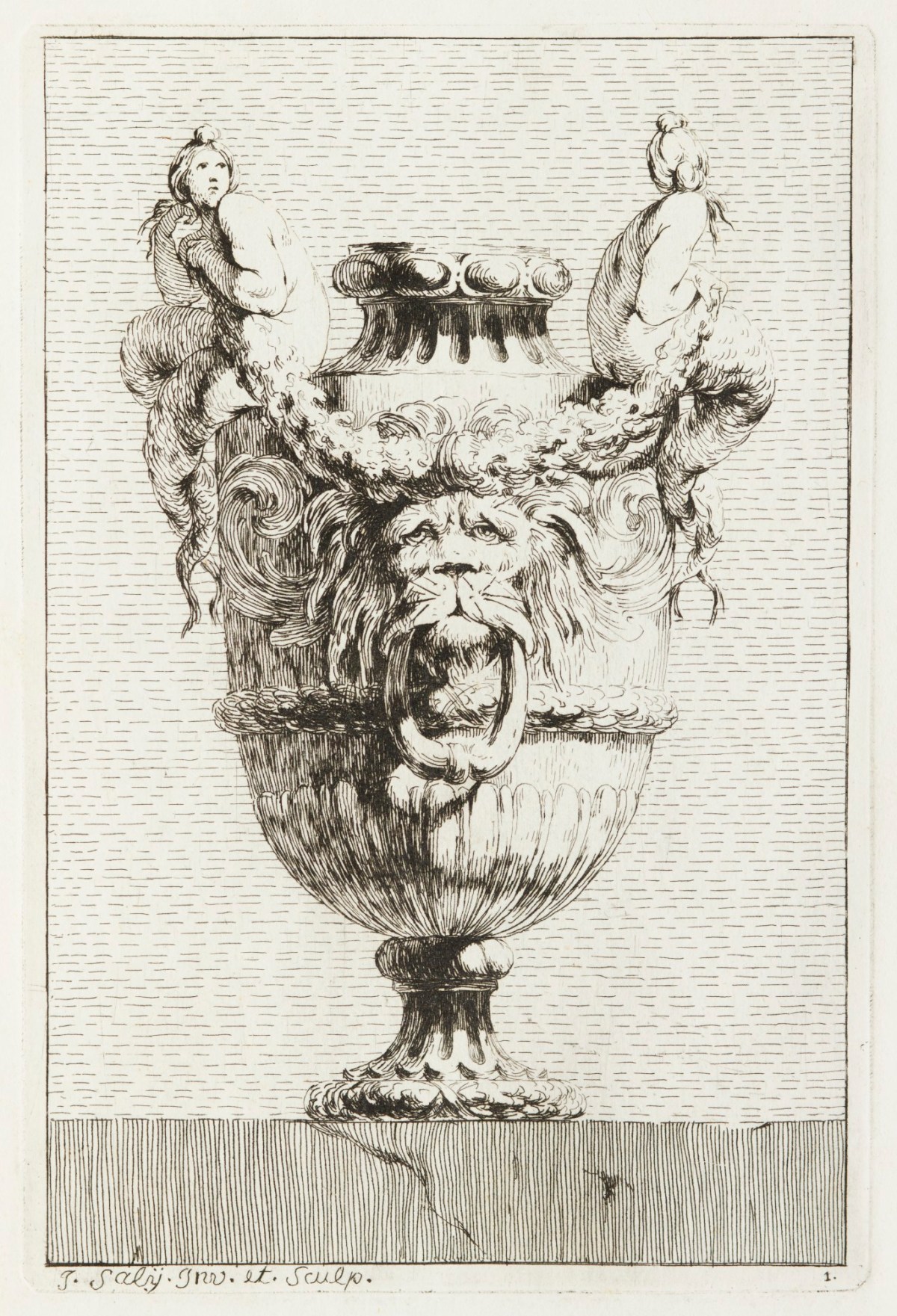 Jacques-François-Joseph Saly, Vase with lion design and two female figures.