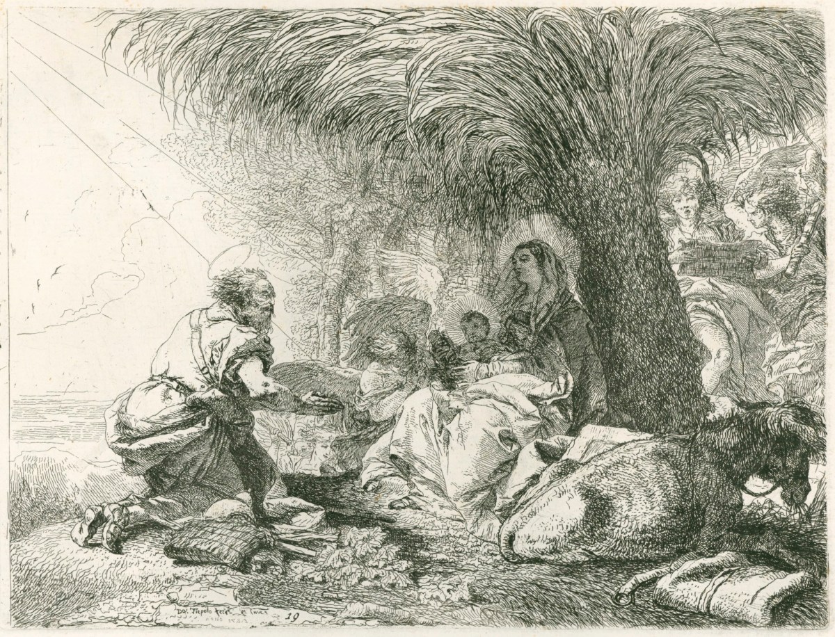 Giandomenico Tiepolo, The Flight into Egypt: Joseph adoring the Child while two Angels sing