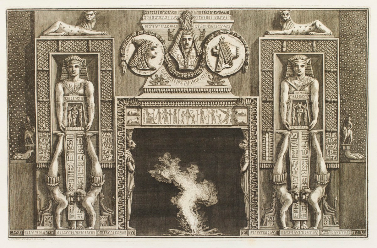 Giovanni Battista Piranesi, Design for a chimneypiece with Egyptian figures, acrobats, hieroglyphs and medals over the mantlepiece