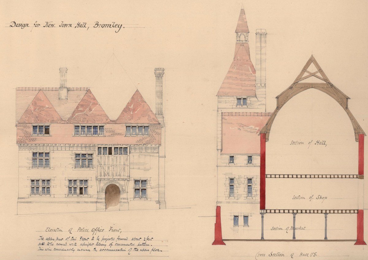 Richard Norman Shaw RA, Unexecuted design for a town hall and police station, Bromley, Kent: elevation of police office front and cross-section of hall