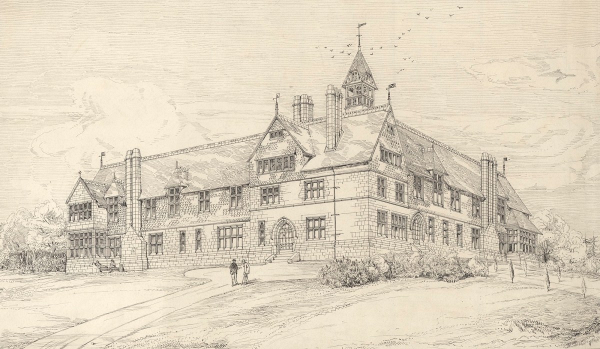 Richard Norman Shaw RA and W. Eden Nesfield, Preliminary design for Cookridge Convalescent Hospital, Leeds, Yorkshire: perspective sketch