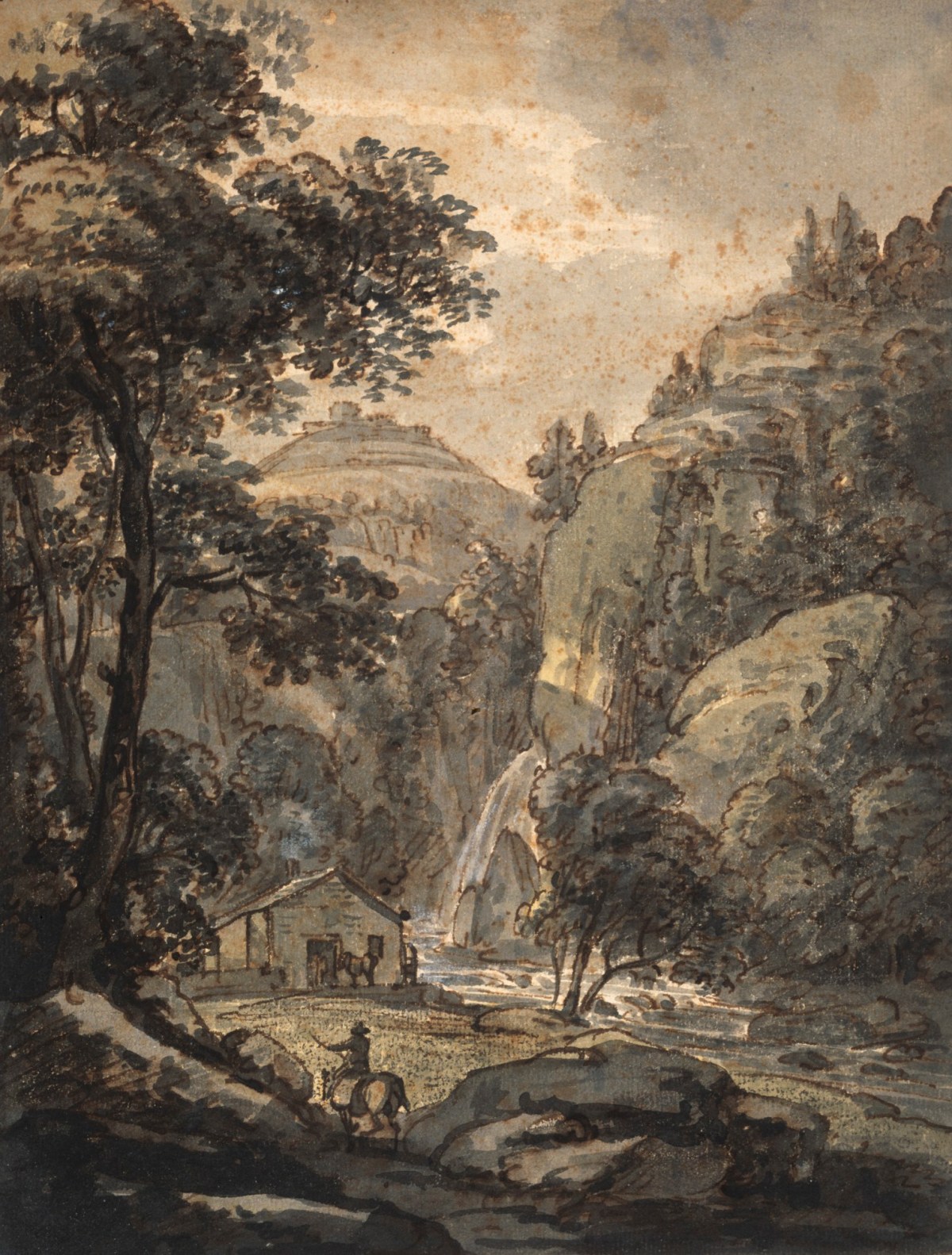 Paul Sandby RA, Hilly landscape with waterfall