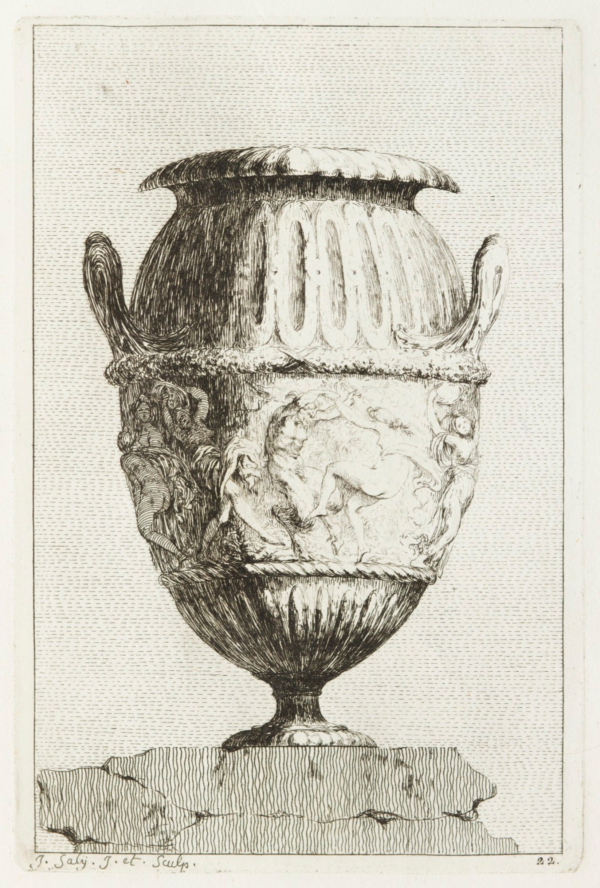 Jacques-François-Joseph Saly, Vase decorated with dancing scene of bacchantes and satyrs.