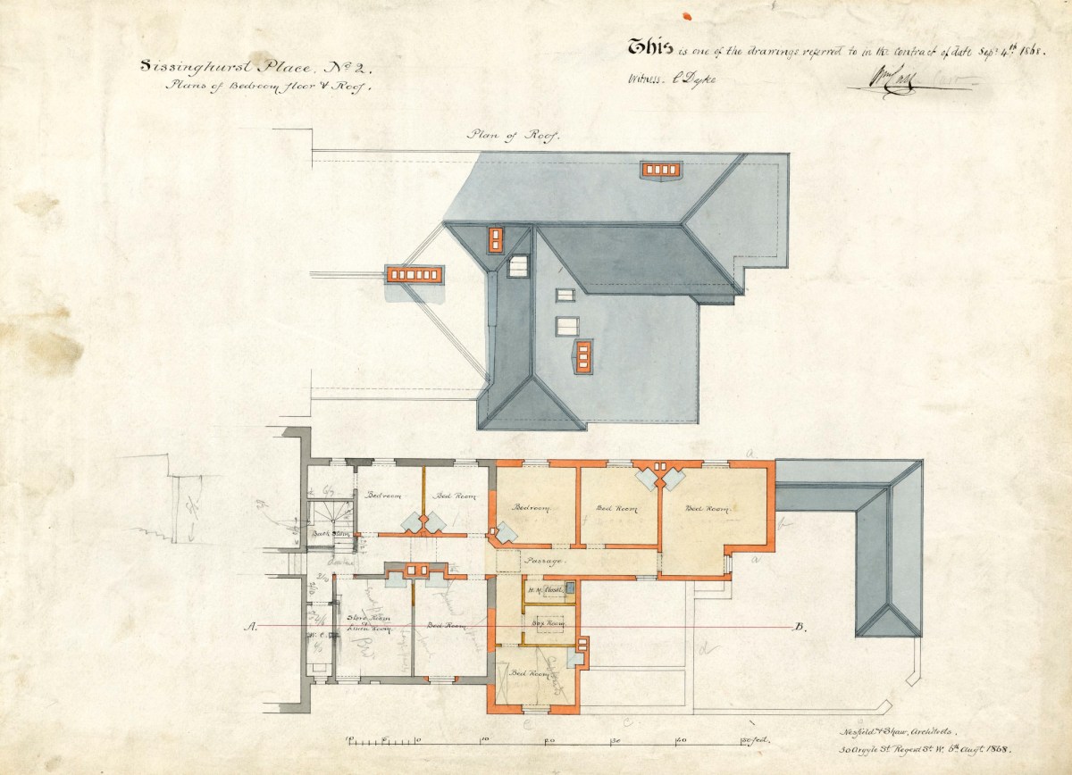 Richard Norman Shaw RA and W. Eden Nesfield, Contract drawing for addition of offices (kitchen and servants' quarters), Sissinghurst Place, Sissinghurst, Kent: first floor and roof plans