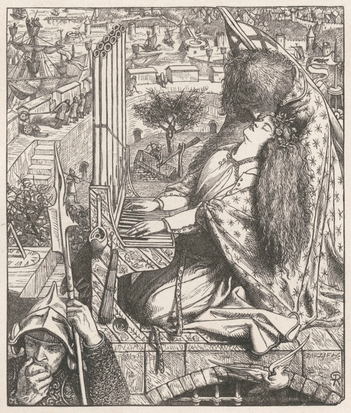 Dante Gabriel Rossetti, Illustration to 'The Palace of Art' : St Cecilia / wood engraving by Dalziel after a design by D. G. Rossetti ; published in Moxon's Poems of Alfred Tennyson , London 1857.