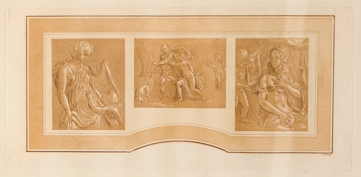 Conrad Martin Metz, Cupid pricking Venus with the point of his arrow; Venus attempting to restrain Adonis from the chase; Cupid holding a mirror for Venus