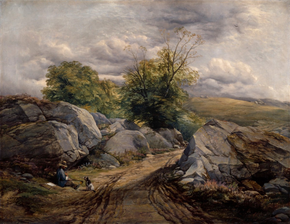 Thomas Creswick RA, Landscape with artist resting beside a road