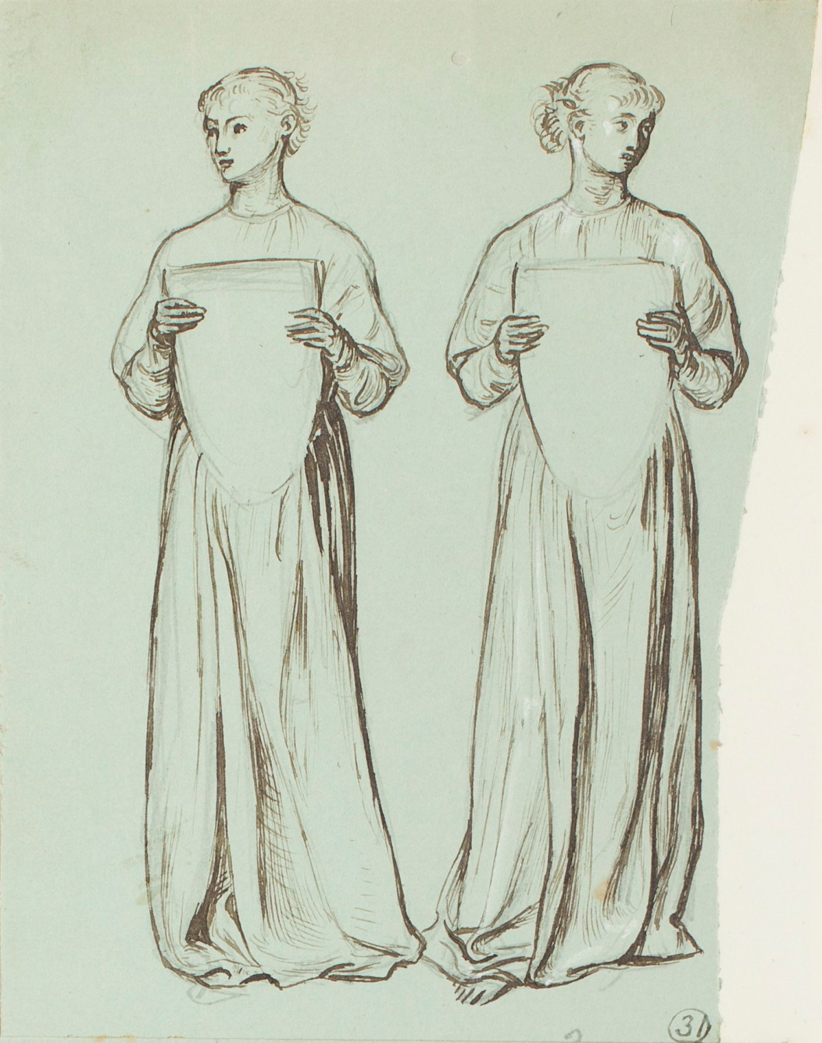 Henry Hugh Armstead RA, Study of two standing girls holding shields for Llandaff Cathedral carvings