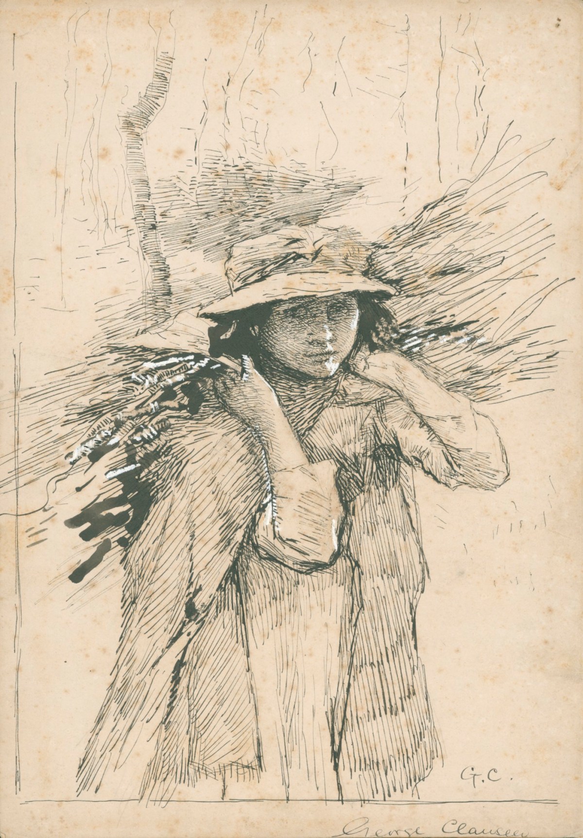 Sir George Clausen RA, Drawing after a composition of a girl carrying firewood across her shoulders