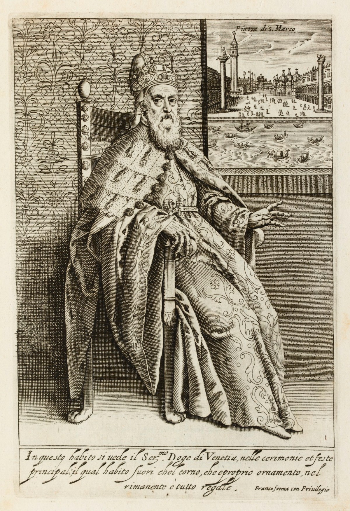 Unsigned, The Doge of Venice seated facing left with a view of the Piazza di San Marco in upper right.