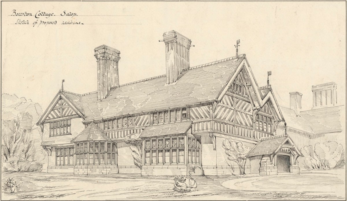 Richard Norman Shaw RA, Design for additions to Bourton Cottage (Bourton Manor), Bourton, Shropshire: perspective sketch