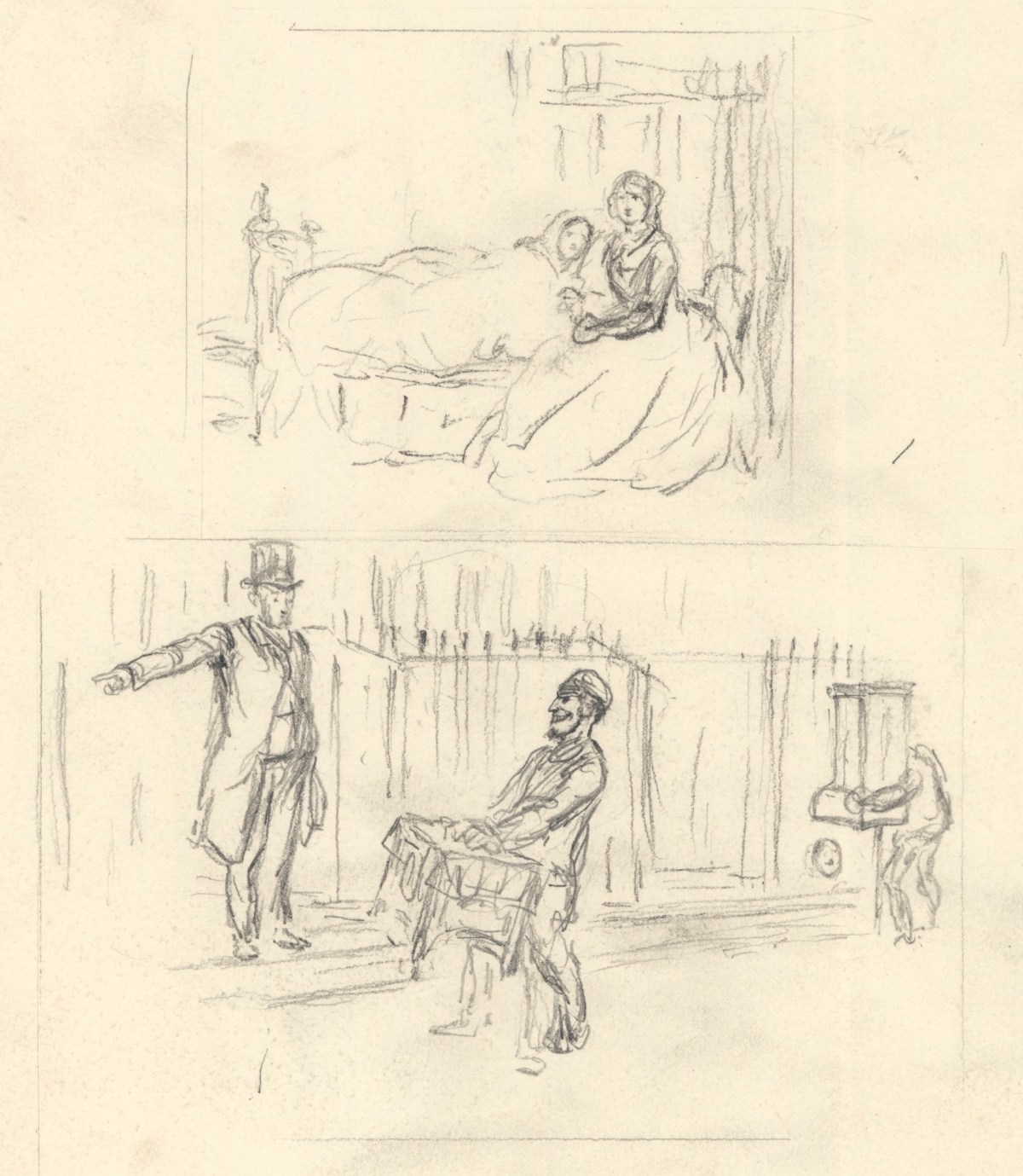 John Leech, Two sketches, one of a sickbed scene and another showing figures in the street, probably for a cartoon (recto) and Two sketches of figures and horses, probably for a cartoon (verso)