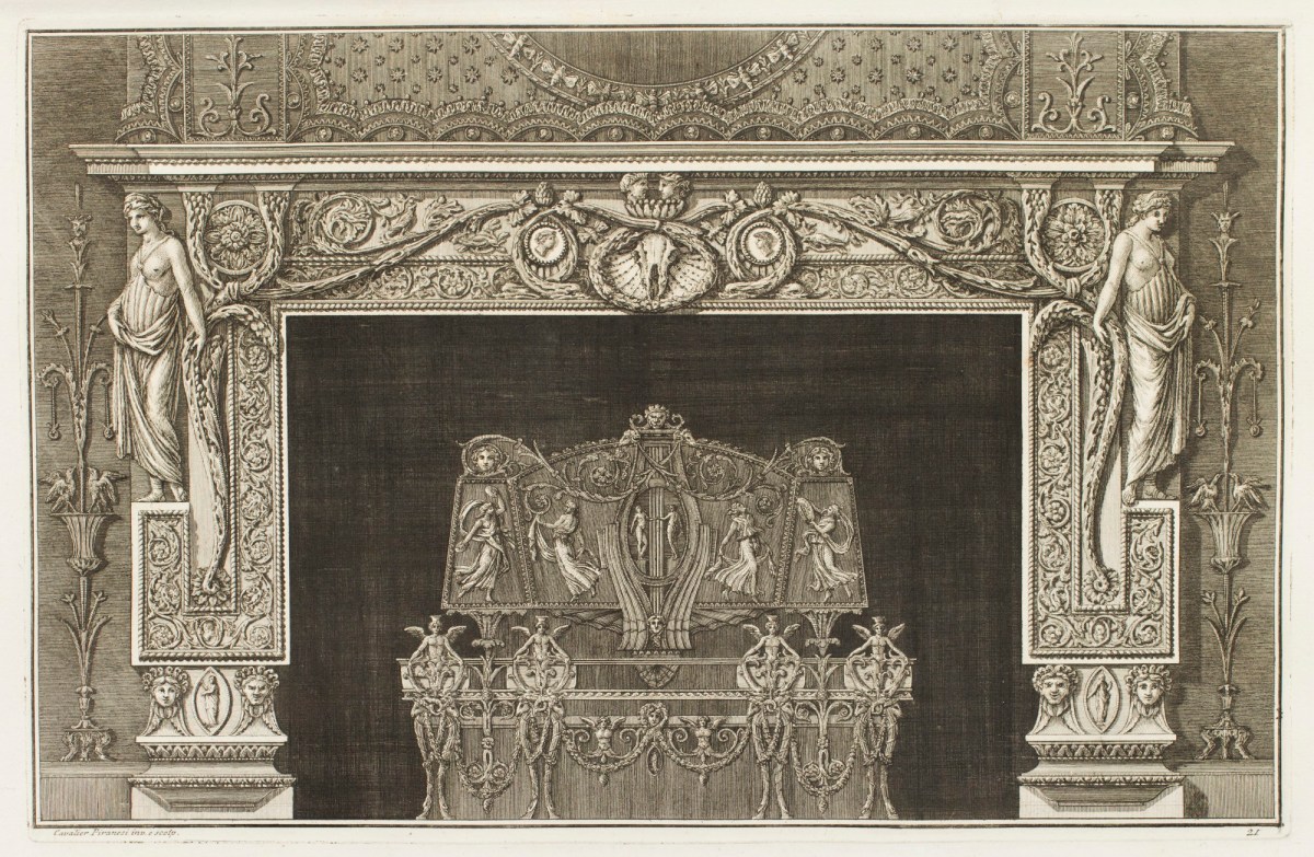 Giovanni Battista Piranesi, Design for a chimneypiece with ornate foliate designs and draped female figures on the jambs