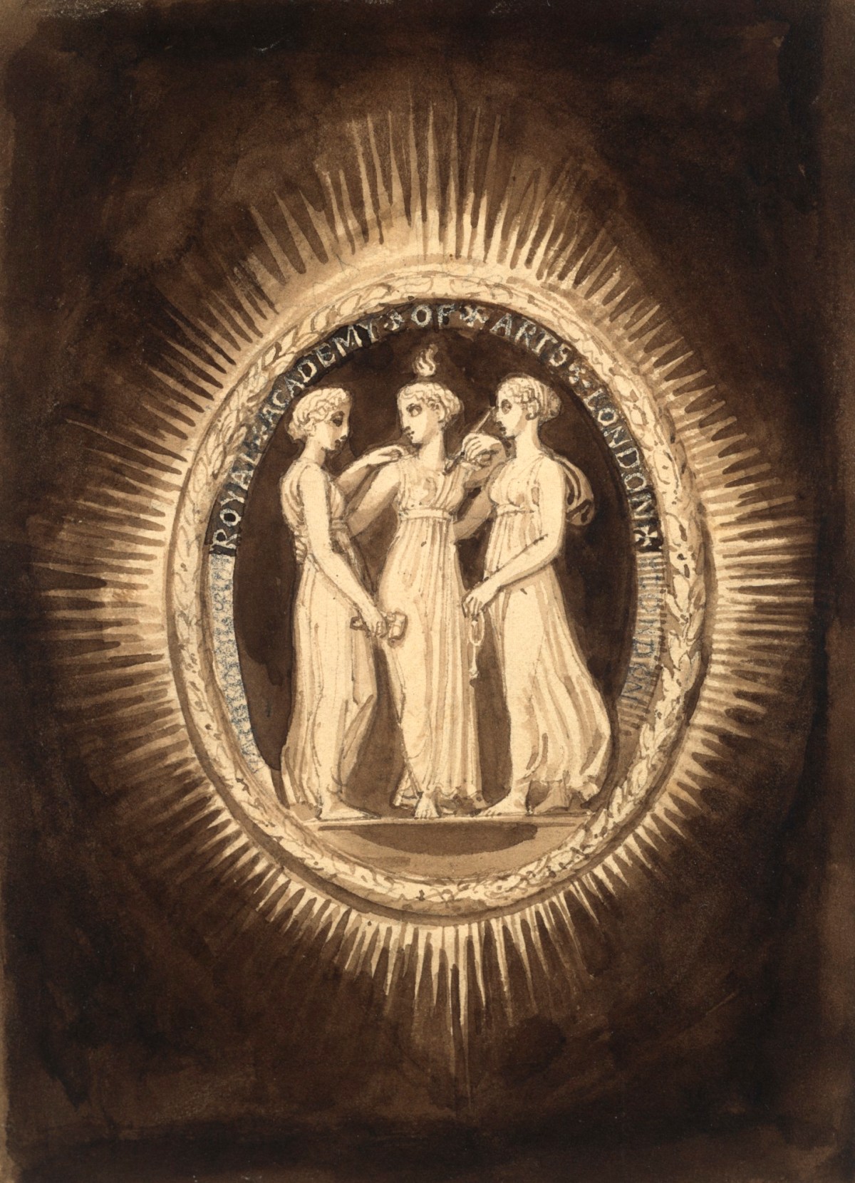 John Flaxman RA, Design for a Royal Academy medal or insignia with three figures representing the arts