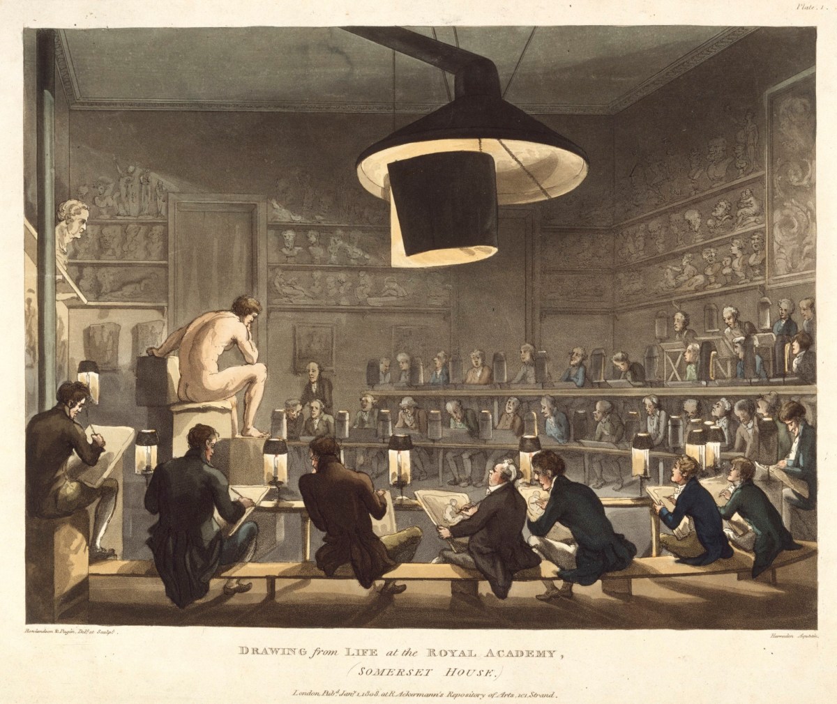 Thomas Rowlandson and Augustus Charles Pugin, Drawing from Life at the Royal Academy, (Somerset House)