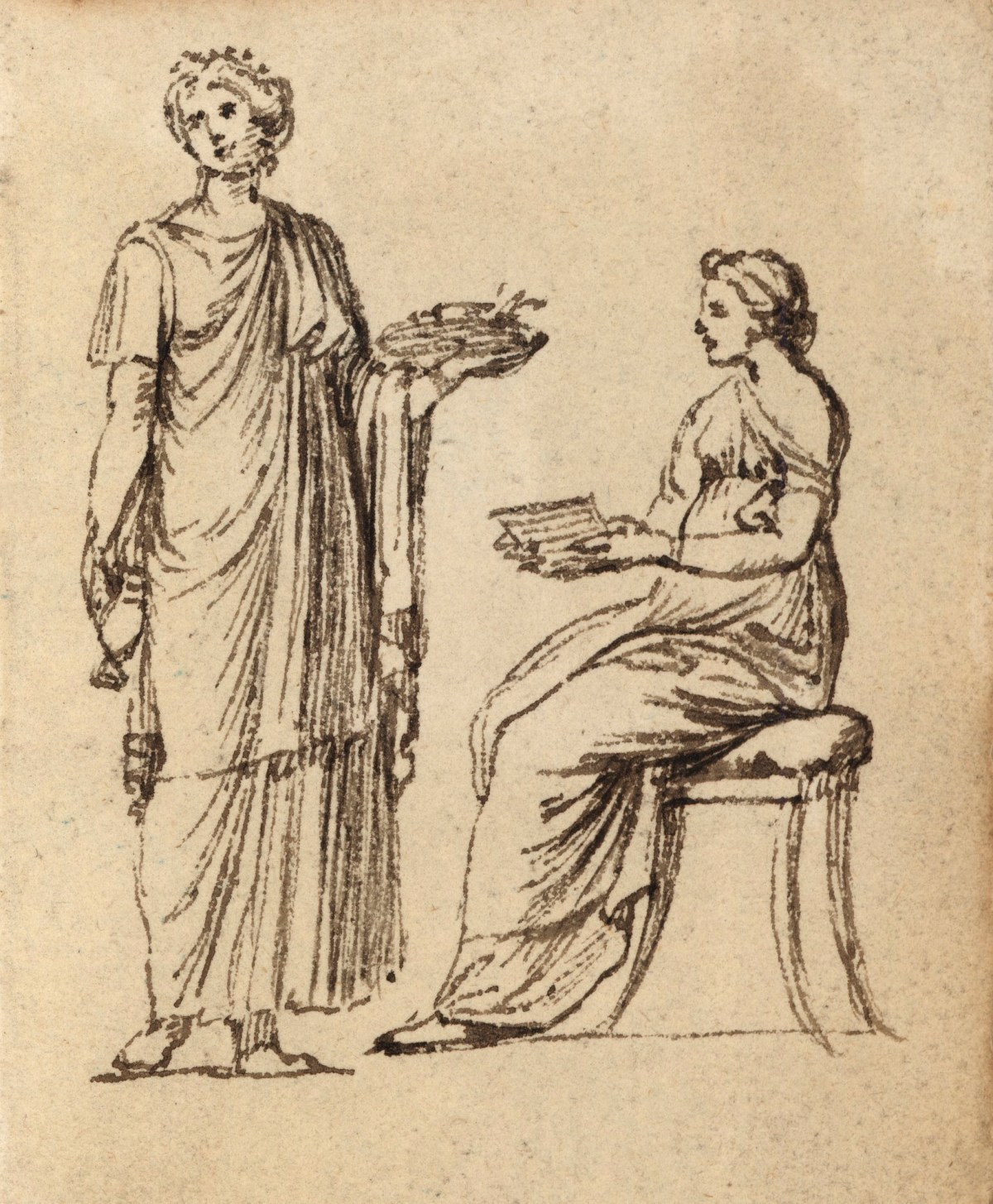 Benjamin West PRA, Leaf from a sketchbook with drawings of Classical figures and a preparatory sketch