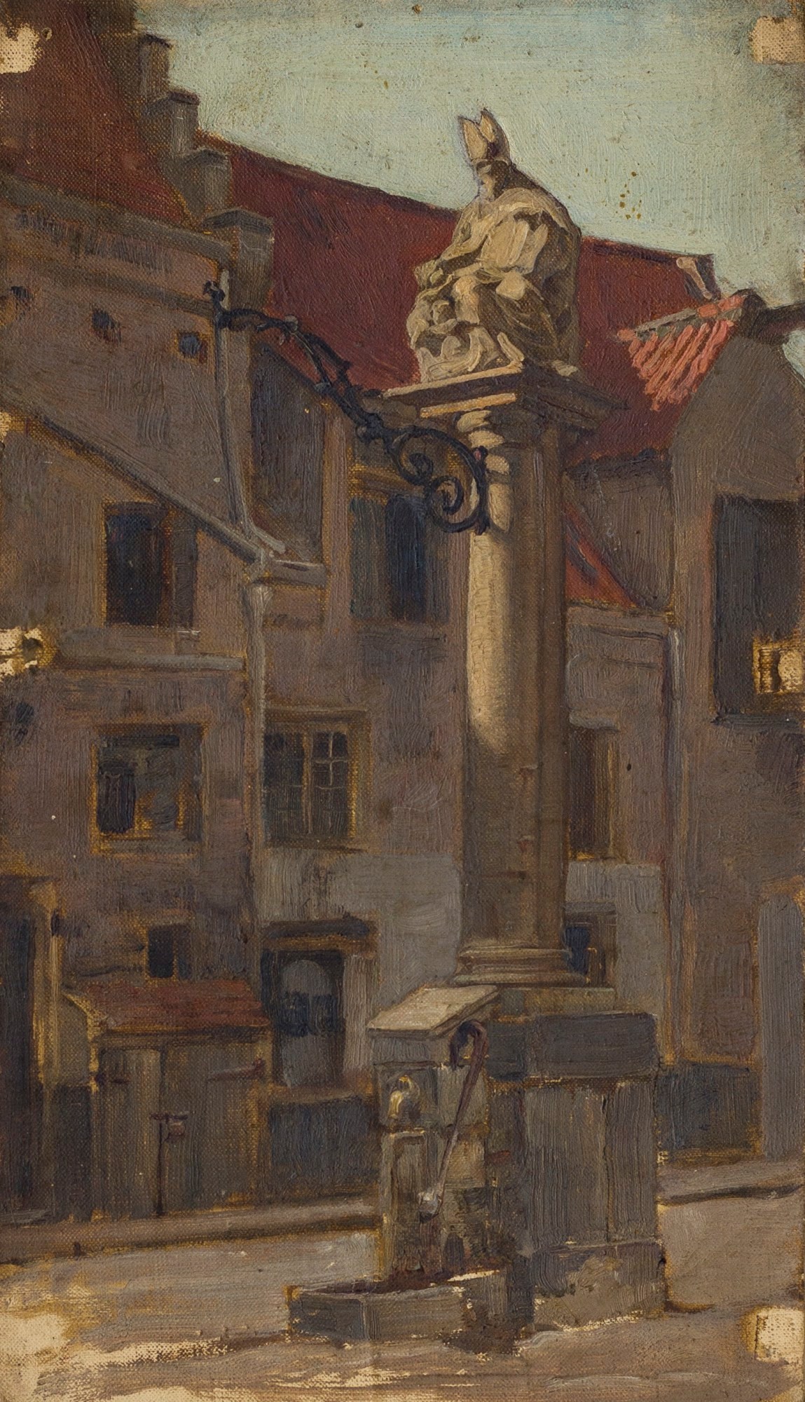 Sir George Clausen RA, Street scene with statue of a seated bishop