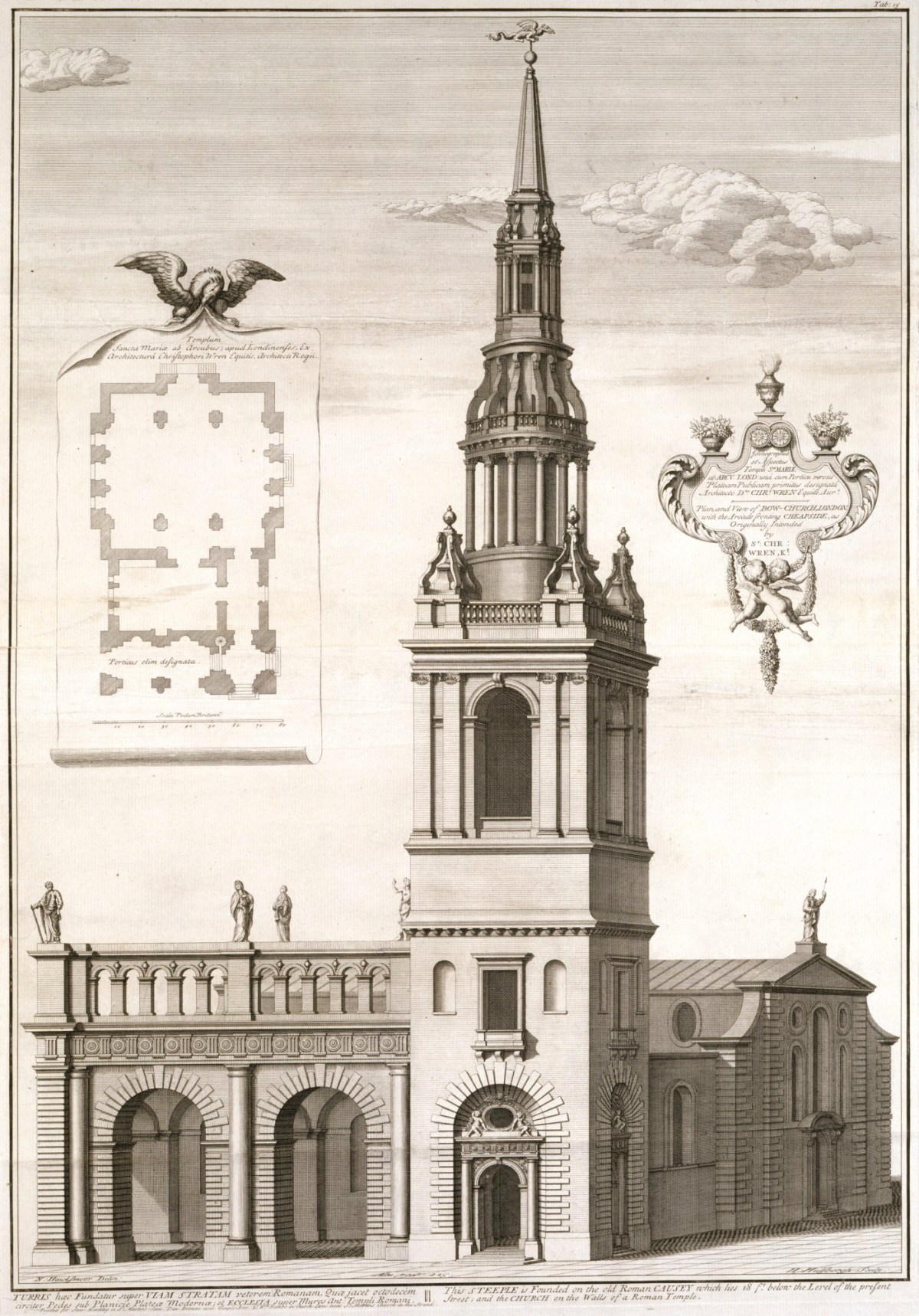 Sir Christopher Wren, St Mary-le-Bow Church, London: plan and perspective of original design