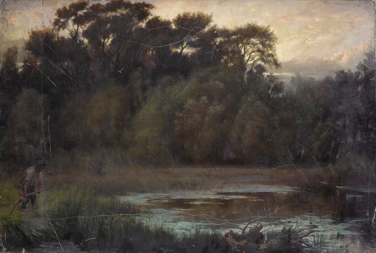 Unknown artist, Landscape with pond and man scything