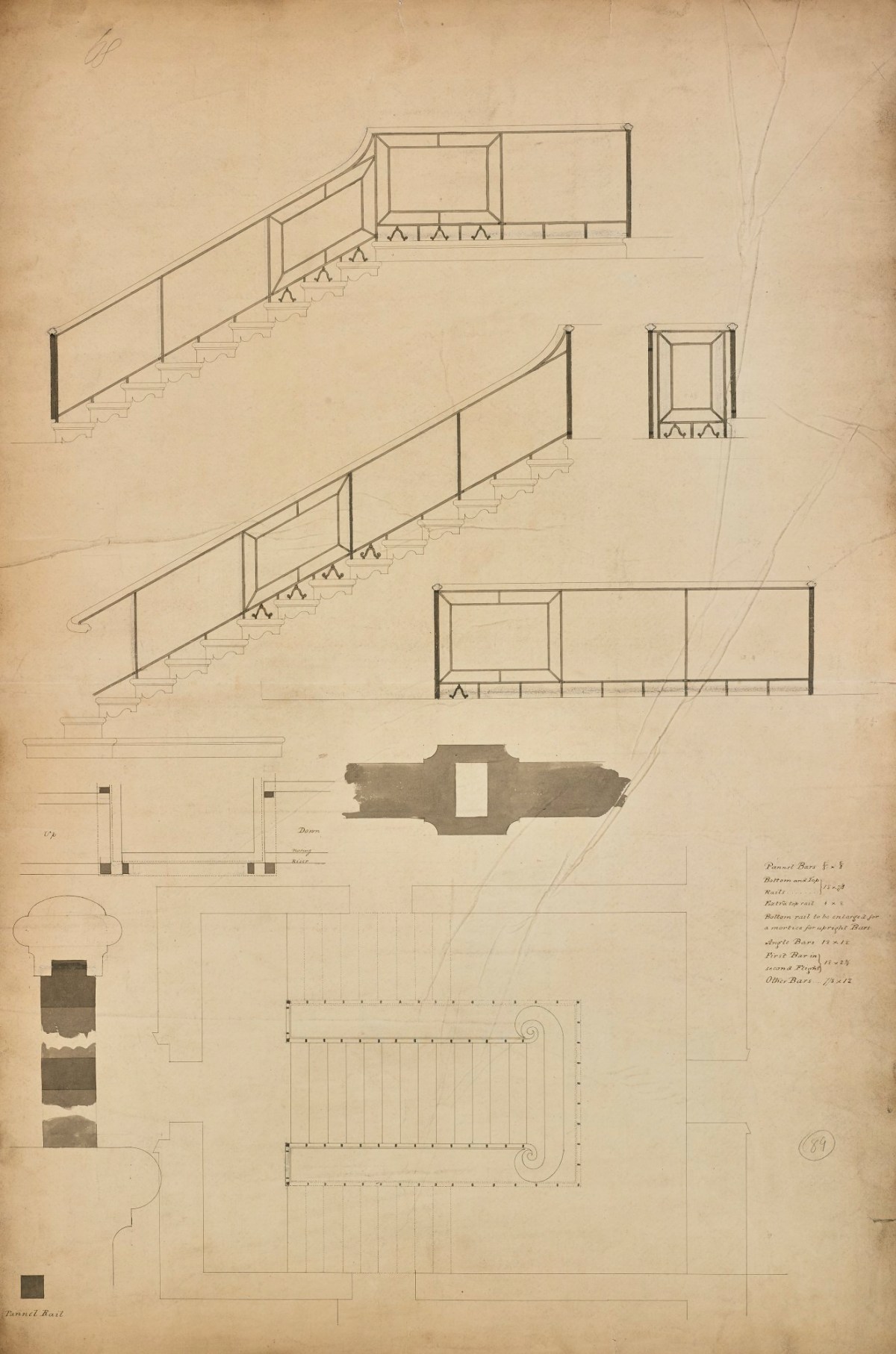 Samuel Ware, Design for railing bars for great staircase, Burlington House, Piccadilly, Westminster, London: plan , elevations and details