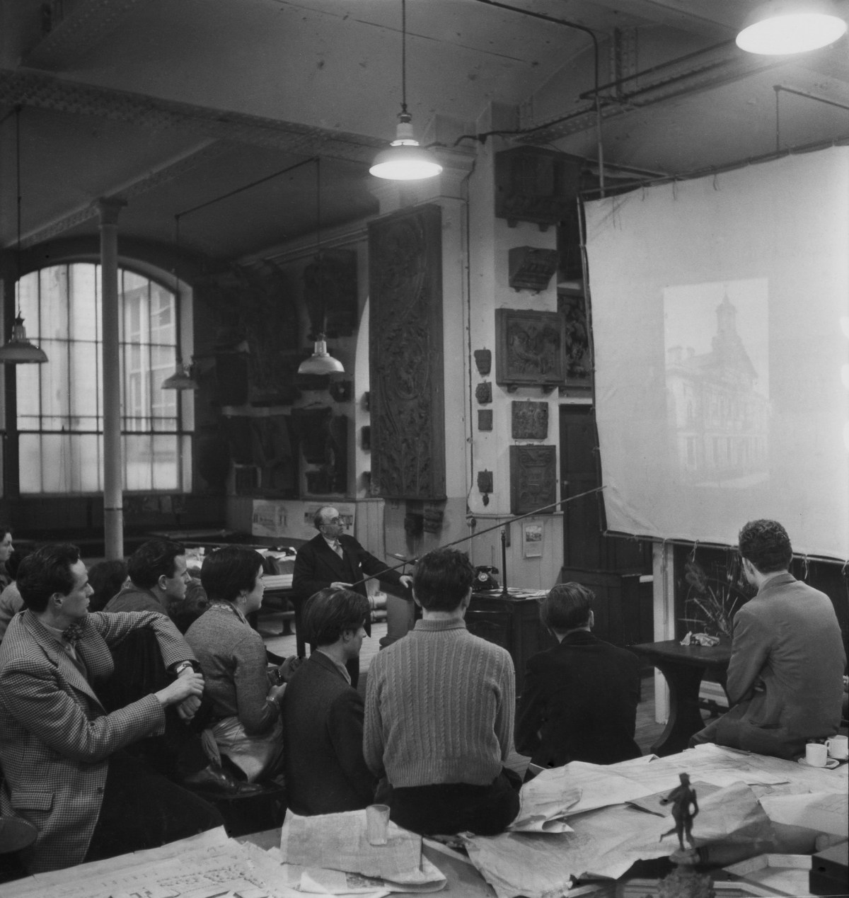 Russell Westwood, Sir Albert Richardson P.R.A. lecturing to art and architecture students. 1953.