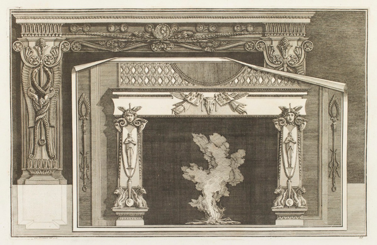 Giovanni Battista Piranesi, Design for two chimneypieces, one presented as on a sheet of paper overlaying the other