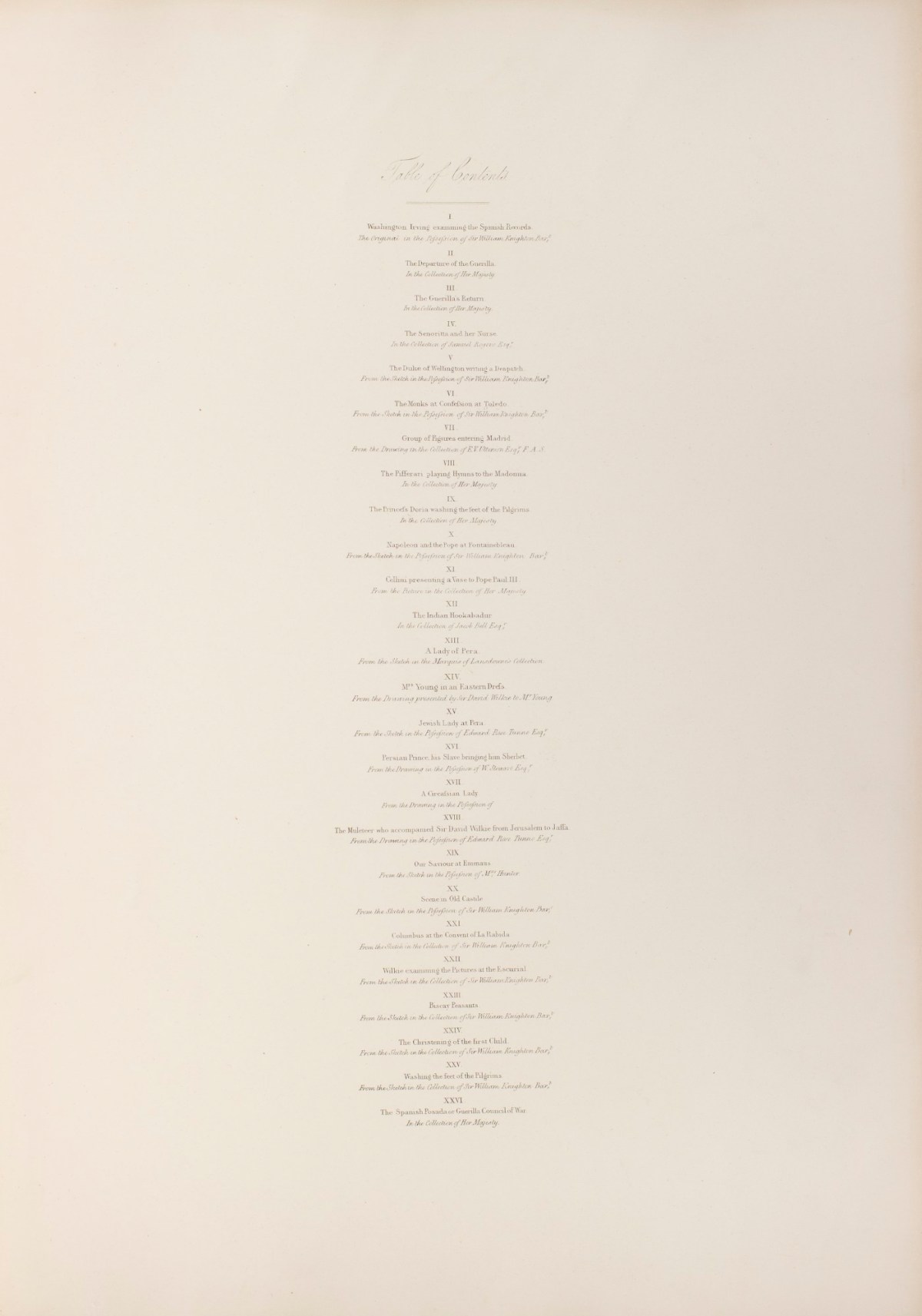 Joseph Nash, Contents leaf for Sir David Wilkie's Sketches, Spanish & oriental/ drawn on stone by Joseph Nash. - London : H. Graves, 1846. (2°)