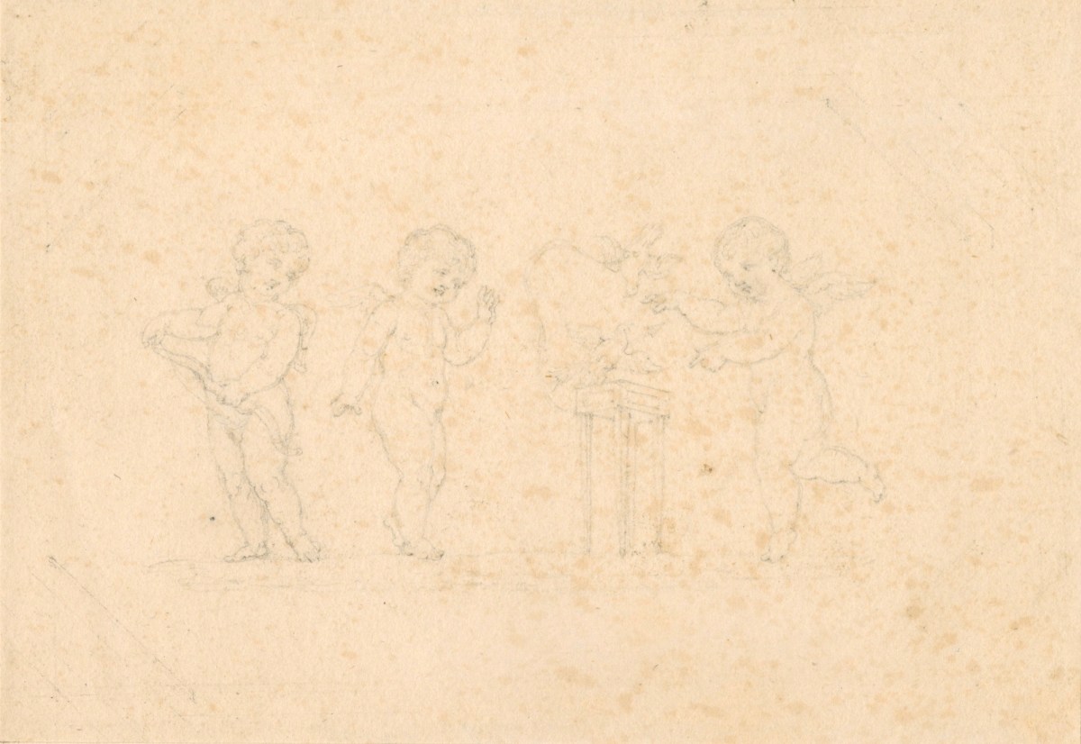 Thomas Uwins RA, Three cherubs playing with birds