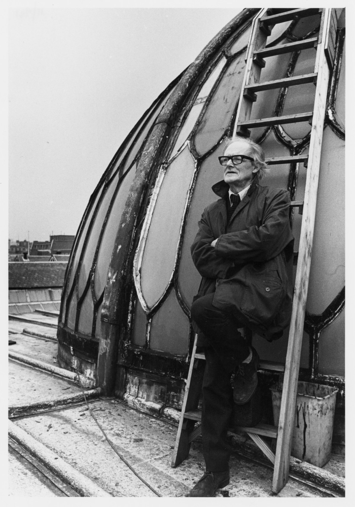 Anne James, Sir Hugh Casson P.R.A. on the roof of Burlington House.