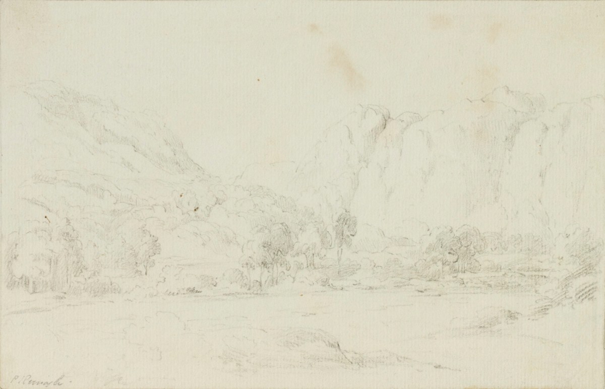 Philip Reinagle RA, Sketch of a landscape with trees and mountains