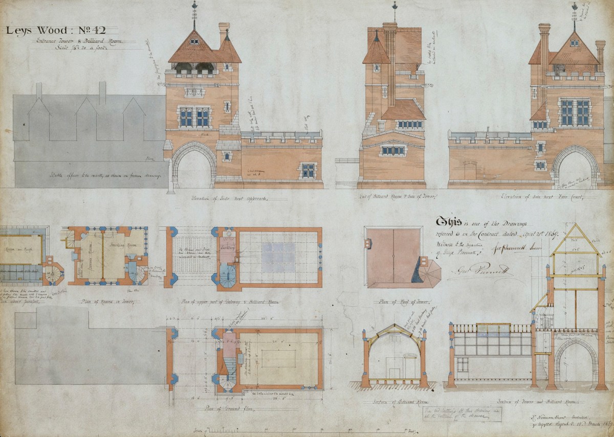 Richard Norman Shaw RA, for Tower and Billiard Room, Leyswood, Groombridge, Sussex: plans, elevations and sections