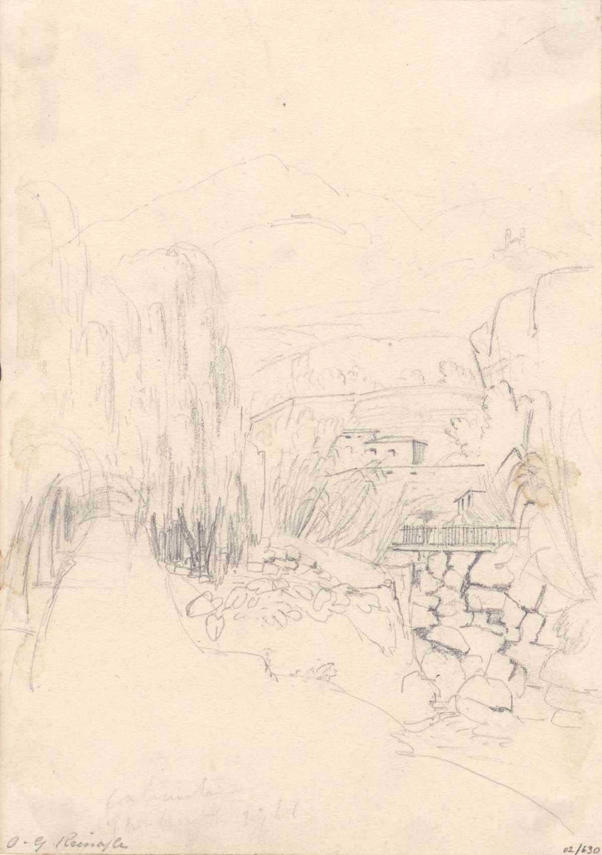 Oriana Georgiana Reinagle, Hilly landscape with a bridge in the foreground