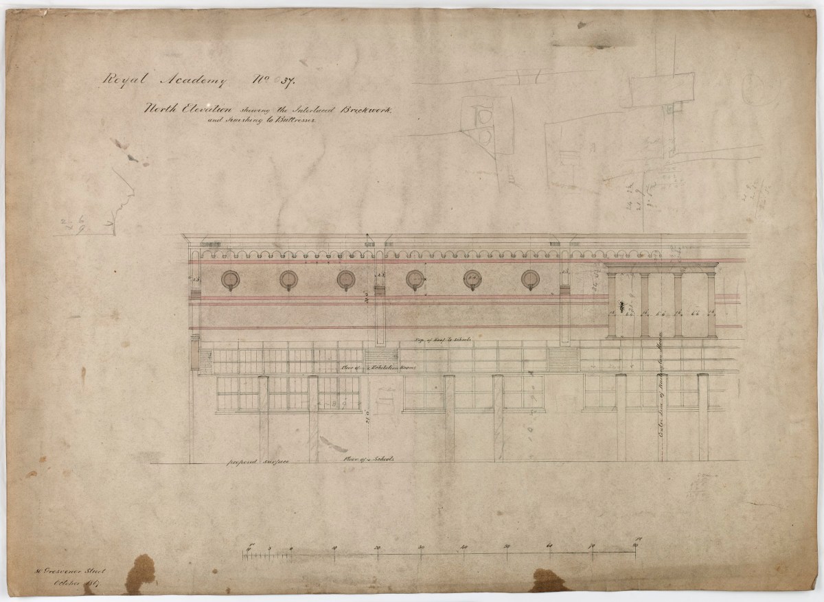 Sydney Smirke RA, Design for Royal Academy Main Exhibition Galleries and Schools building, Burlington House, Piccadilly, Westminster, London: part north elevation (east end), drawing no. 37