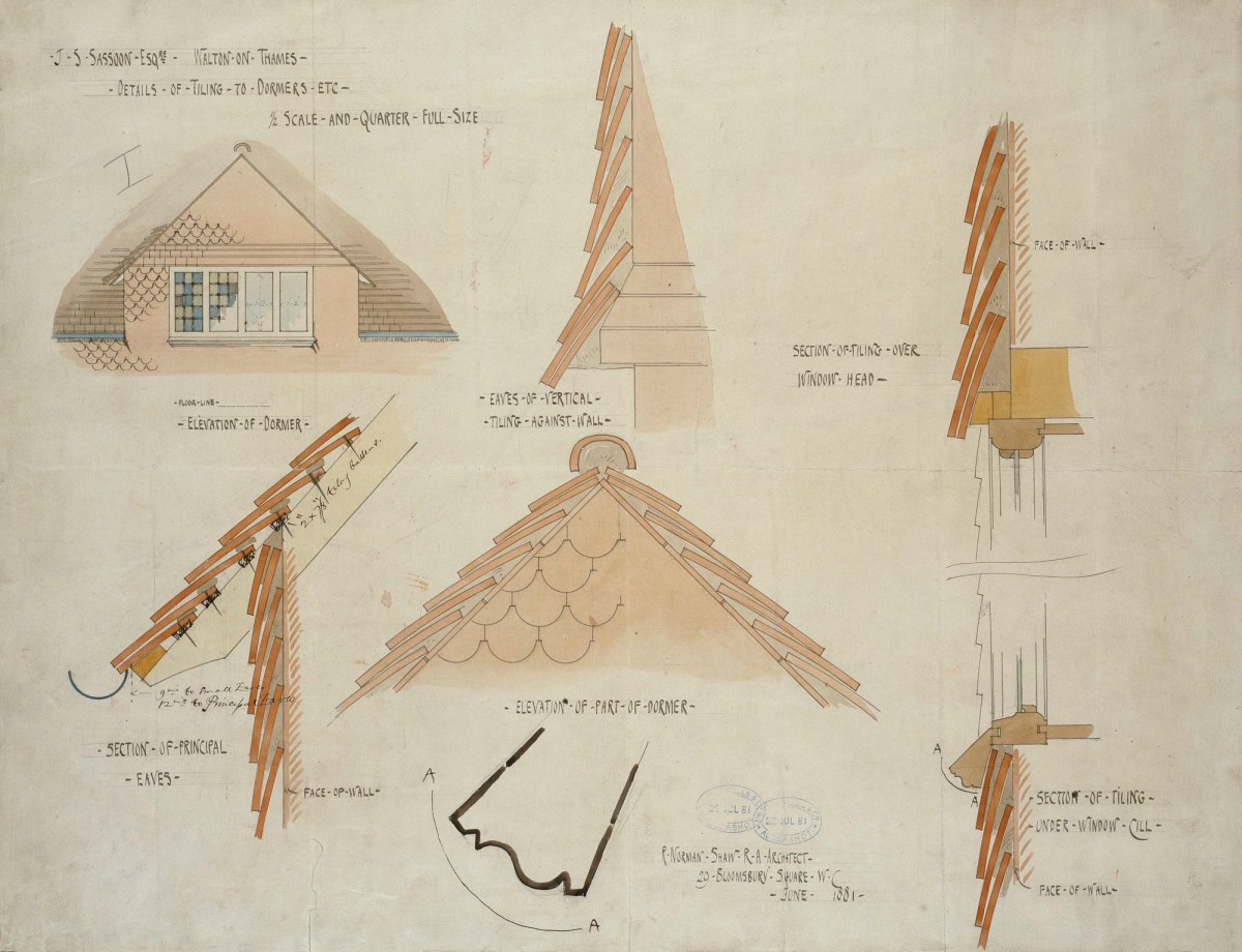 Richard Norman Shaw RA, Design for Riverdene and Cranesdene, 1 & 3 Oatlands Drive, Weybridge, Surrey: working drawing for tile-hanging of dormer windows