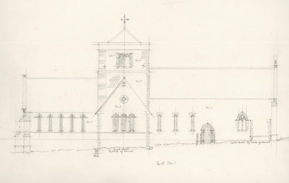 Richard Norman Shaw RA, Survey drawing of St Margaret's Church, Chipstead, Surrey: north elevation