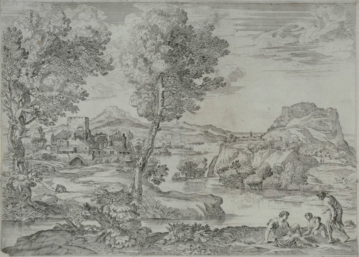 Giovanni Francesco Grimaldi il Bolognese, Landscape with a man standing beside two others sitting on the ground