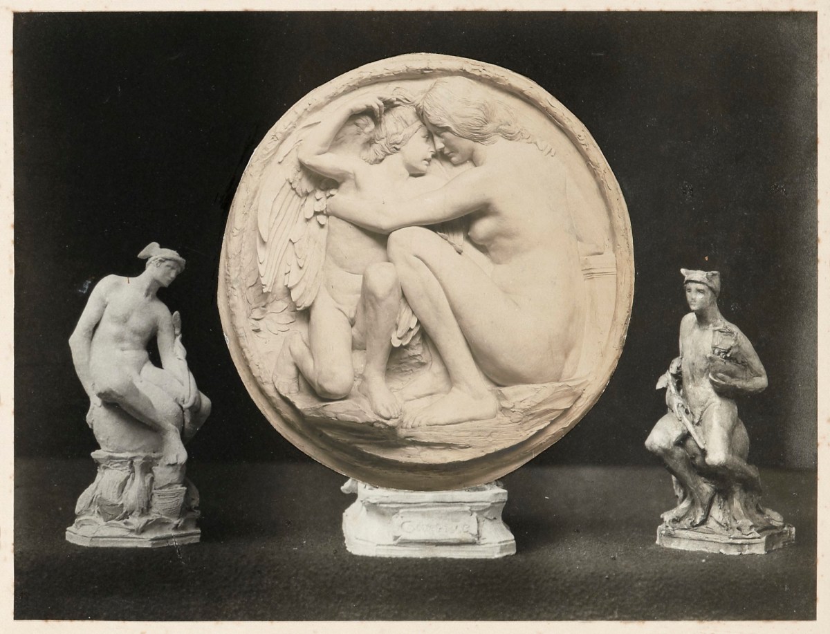 Unidentified photographer, Composite photograph of two figures of Mercury and a circular relief.